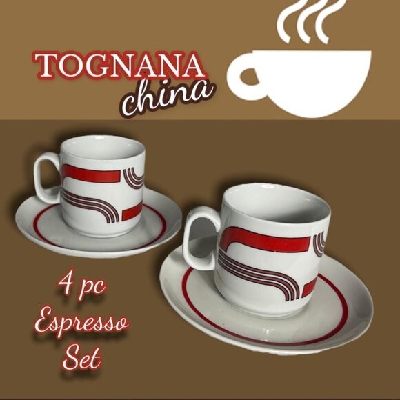 TOGNANA China Vintage Retro 4 piece Espresso Set Red and Brown - Picture 1 of 10